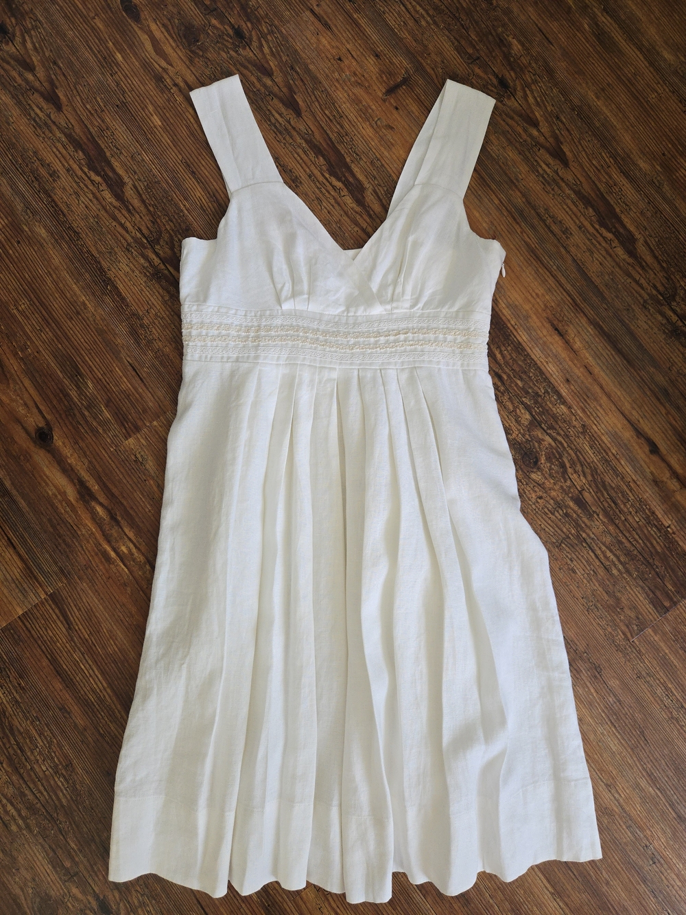 100% Linen Sundance Cream V-Neck Midi Dress, Bridal, Summer, Embroidered Waist